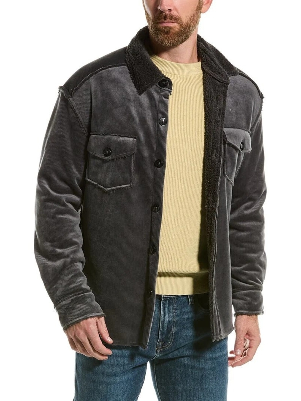 Men's Charcoal Corduroy Sherpa Military Jacket
